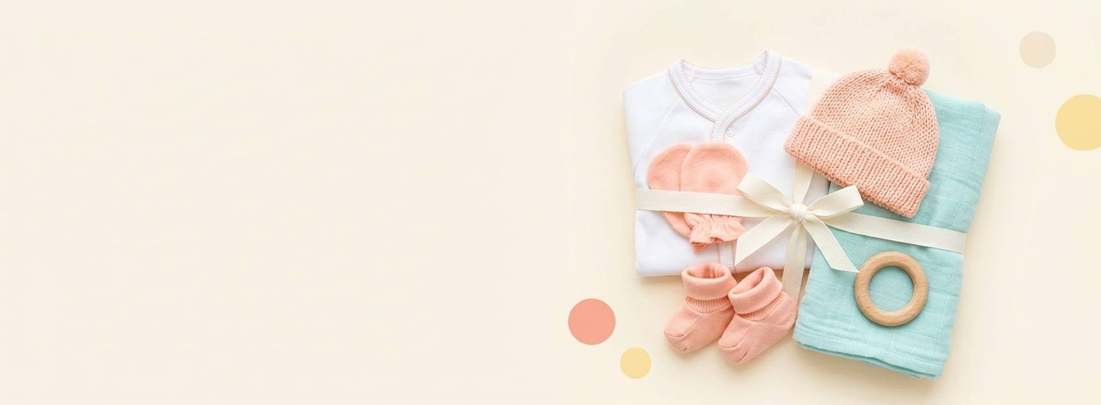 Newborn gift set with bodysuit, mittens, booties, knit hat and muslin swaddle tied with a ribbon