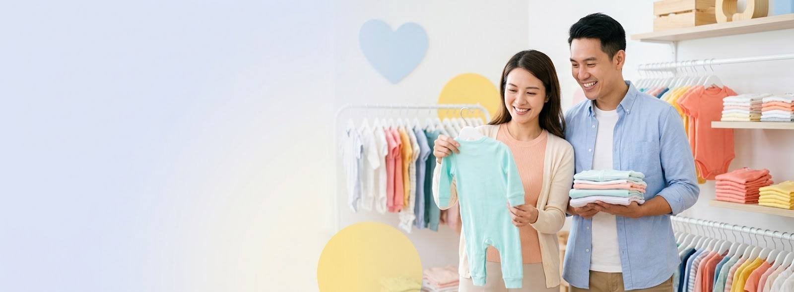 Smiling parents choosing baby clothes together in a bright store